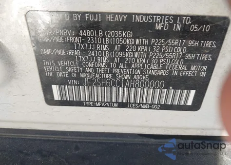 2010 Subaru Forester 2.5X Premium z USA, uszkodzony, nr VIN JF2SH6CC1AH800000